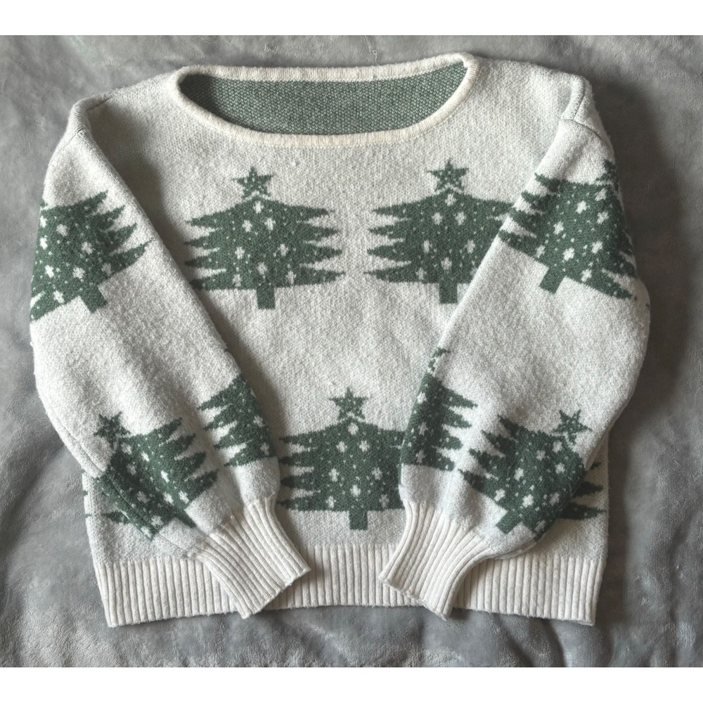 Cupshe Women Green White Christmas Tree Knit Sweater Balloon Sleeve Small